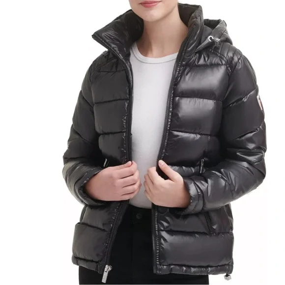 Guess Women's High-Shine Hooded Puffer Coat. - Picture 1 of 5